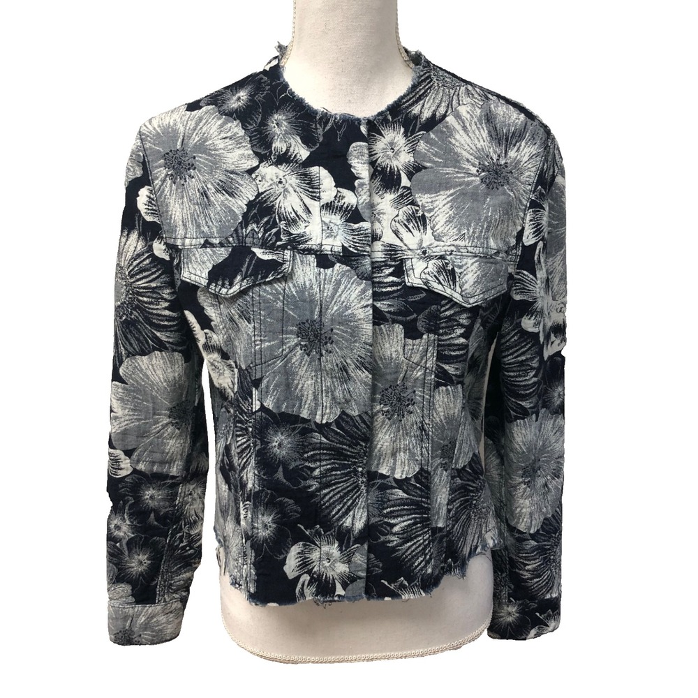 Marques Almeida Chambray‎ Denim Top Jacket Womens Medium Black Floral Raw Hem